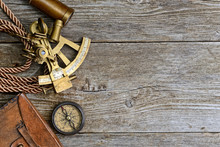 Vintage Still Life With Compass,sextant And Spyglass