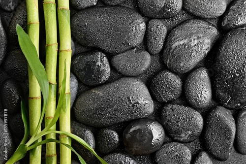 Fototapeta na wymiar zen basalt stones and bamboo leaves