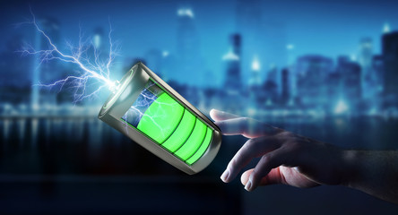 Poster - Woman touching 3D render battery with lightning with her finger