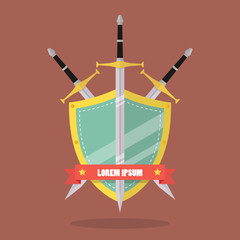 Three swords and shield flat style badge icon