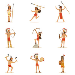 Sticker - Native American Tribe Members In Traditional Indian Clothing With Weapons And Other Cultural Objects Series Of Cartoon Characters