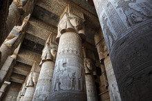 Pillars Decorated With Face Of The Egyptian Goddess Hathor In Dendera Temple  