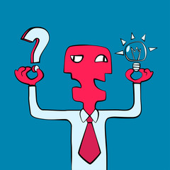 Abstract two-faced businessman holding question mark as a symbol of problem and light bulb as a symbol of an idea. Making decision concept illustration.