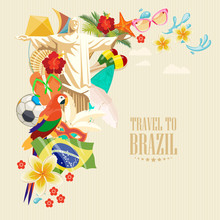 Vector Travel Poster Of Brazil With Colorful Modern Design, Brazilian Landscape And Monuments. Rio De Janeiro Advertising Card With Statue Of Jesus. Carnival Of Samba. Brazilian Football Symbols