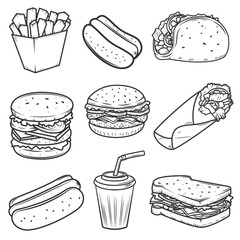 Wall Mural - Hot dog, burger, taco, sandwich, burrito .Set of fast food icons