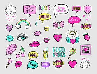 Vector hand drawn fashion patches for Happy Valentines Day. rainbow, cloud, doughnut, cake, camera, lip, heart, speech bubble. Modern set of pop art stickers, patches, pins in 80s-90s cartoon style