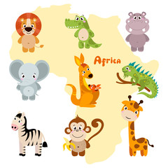  Animals of Africa. Vector set of cartoon jungle animals: lion, crocodile, hippo, elephant, kangaroo, iguana, zebra, monkey, giraffe. Vector illustration