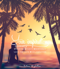 Wall Mural - Young girl sitting on surfboard at the sunset beach background. Inspiration card