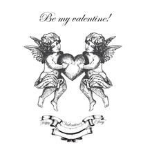 Valentines Day. Hand Drawn Angel Sketch And Amur, Cupid Art. Vector Illustration