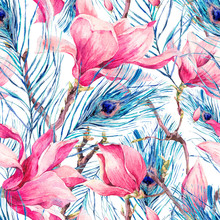 Seamless Pattern With Magnolia And Peacock Feather