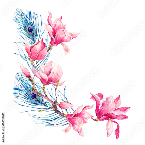 Fototapeta do kuchni Watercolor Vintage Flowers Bouquet of Magnolia