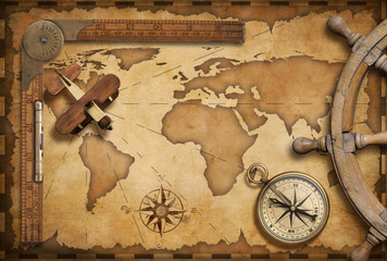 Wall Mural - Old nautical map still life as adventure, travel and exploration theme