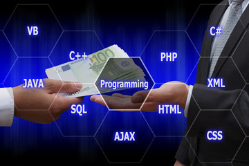 Wall Mural - businessman giving euro money to programmer with virtual panel o