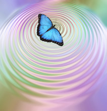 The Butterfly Effect - Big Blue Butterfly Appearing To Create Ripples In Pink Green Water Surface With Plenty Of Copy Space Below