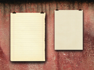 Two blank old paper frames hanged by clips against weathered red concrete wall background