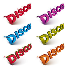 Set of 3d disco words broken into pieces, demolished vector desi