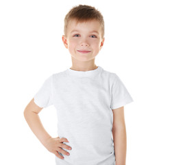 Wall Mural - Cute boy in blank T-shirt isolated on white