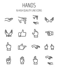 Set of hand icons in modern thin line style.