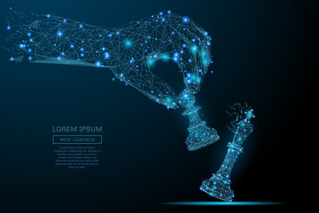 Fototapete - Abstract image of a hand holding chess pawn in the form of a starry sky or space, consisting of points, lines, and shapes in the form of planets, stars and the universe. Vector business concept.