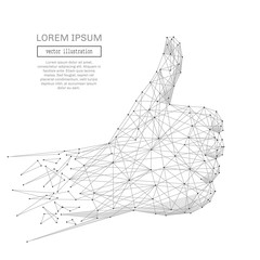 Fototapete - Abstract hand Thumb up the high tower polygonal, geometry triangle. Light connection structure. Low poly vector background. Business concept