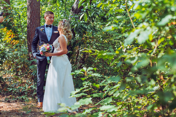 Bride and groom in a park kissing.couple newlyweds bride and groom at a wedding in nature green forest are kissing photo portrait.Wedding Couple