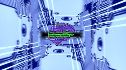 AI artificial intelligence. Tracked computer circuit boards and an animation of a human brain containing computer binary code.