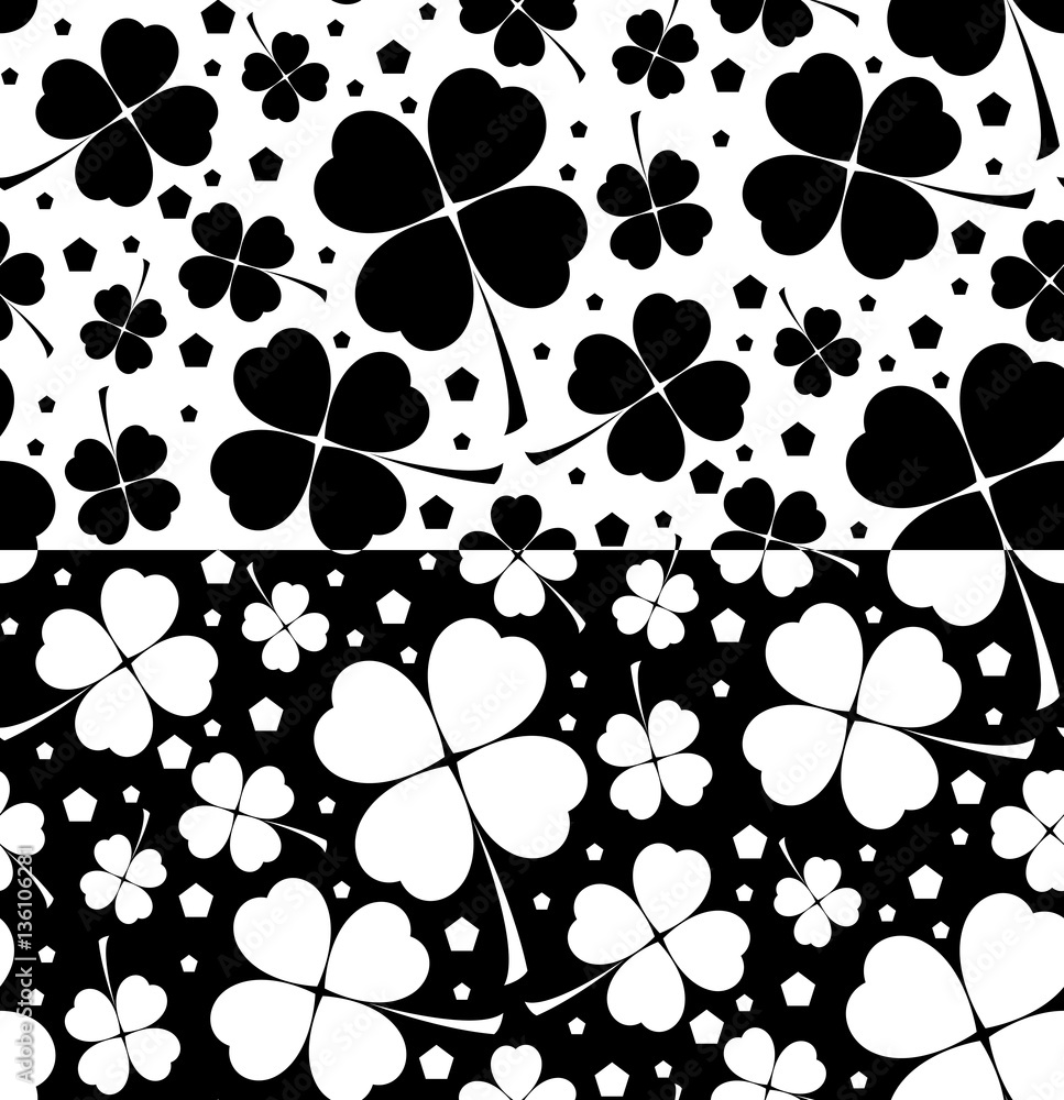 Seamless floral patterns with lucky shamrock leaves in black and white ...