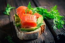 Healthy Sandwich With Avocado, Dill And Salmon