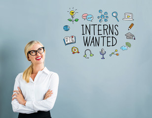 Wall Mural - Interns Wanted text with business woman