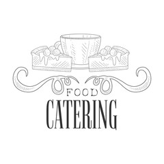 Sticker - Best Catering Service Hand Drawn Black And White Sign With Coffee Cup And Cake Design Template With Calligraphic Text