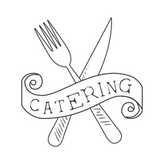 Sticker - Best Catering Service Hand Drawn Black And White Sign With Crossed Fork And Knife Design Template With Calligraphic Text