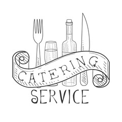 Sticker - Best Catering Service Hand Drawn Black And White Sign With Fork, Knife, Wine Bottle And Glass Design Template With Calligraphic Text