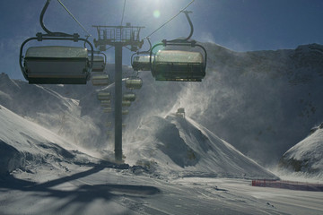 Strong wind storm chair lifts do not work on top of ski resort Gorky Gorod 2200 meters above sea level