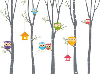 happy owl background with tree branch
