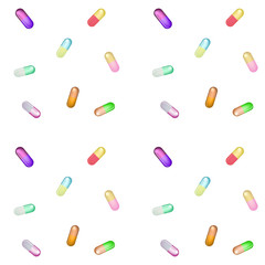 Seamless pattern with pills in different colors. Chaotic background