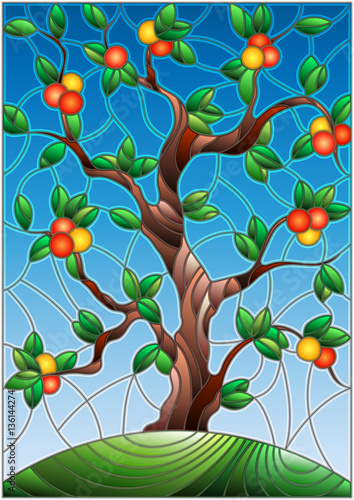 ilustracja-w-stylu-witrazu-z-drzewem-pomaranczowym-stojacym-samotnie-na-wzgorzu-na-tle-nieba