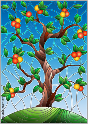 Plakat na zamówienie Illustration in stained glass style with an orange tree standing alone on a hill against the sky