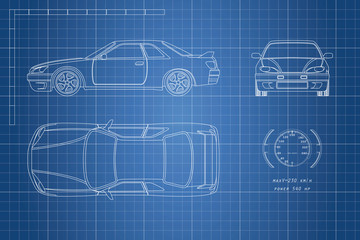 Drawing of the car on a blue background. Top, front and side view. The blueprint of  vehicle