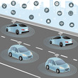 Communication that connects cars to devices on the road, such as traffic lights, sensors, or Internet gateways. Wireless network of vehicle. Smart Car, Intelligent Transport Systems