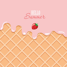 Ice Cream Macro Texture. Melted Pink Cream On Wafer Background. Hello Summer Quote.