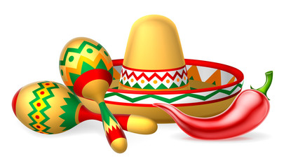 Sticker - Mexican Sombrero Maracas and Chilli Pepper