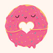 Vector illustration of cute pink icing cartoon donut with heart and face, can be used for valentine's day greeting cards, party invitations, posters, prints and books