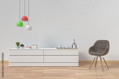 Fotografia, Obraz Modern interior of living room with wooden sideboard and lamp light,3d rendering