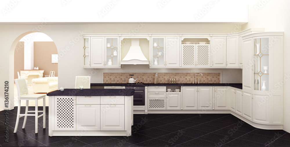 Kitchen interior in classic style 3D rendering Stock Illustration ...