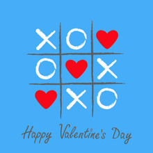 Tic Tac Toe Game With Criss Cross And Three Red Heart Sign Mark XOXO. Hand Drawn Pen Brush. Doodle Line. Happy Valentines Day Card Flat Design Isolated. Blue Background.