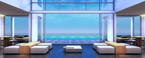 Wall Mural - 3d rendering Beach Villa Lobby and Living area sea view