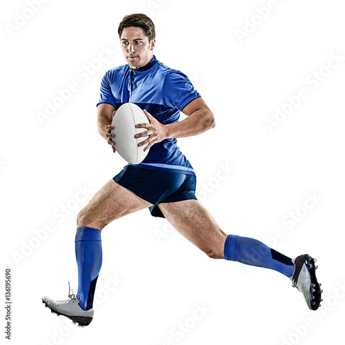 Plakat jeden kaukaski rugby gracz mężczyzna studio odizolowywający na białym tle