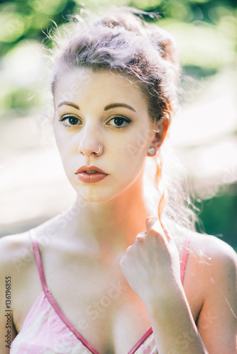 Portrait Of Young Beautiful Caucasian Blonde Hair Woman Outdoor In