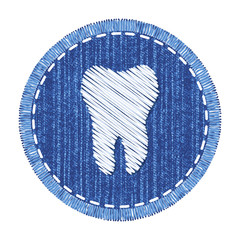 blue round denim patch with white tooth embroidery, stitch and fringe. jeans fabric with symbol of d