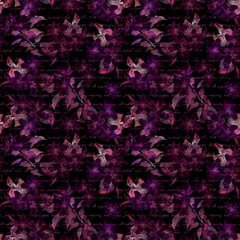 Wall Mural - night mysterious flowers, hand written letter text. black background. seamless pattern
